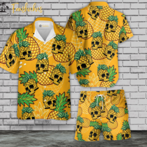 Pineapple Skull Hawaiian Shirt Set | Fruit Skull Hawaiian Shirt | Unisex Hawaiian Set | Tropical Skeleton Hawaiian Style