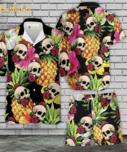 Skull Hawaiian Shirt Set | Floral Skull Hawaiian Shirt | Unisex Hawaiian Set | Tropical Skeleton Hawaiian Style