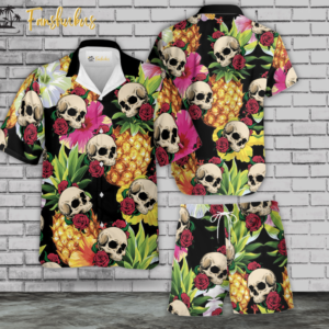 Skull Hawaiian Shirt Set | Floral Skull Hawaiian Shirt | Unisex Hawaiian Set | Tropical Skeleton Hawaiian Style