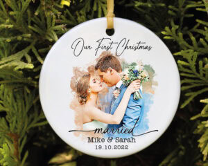 Personalized Watercolor Portrait Married Ornament First Christmas Married Ornament from Photo Newlywed Christmas Gift