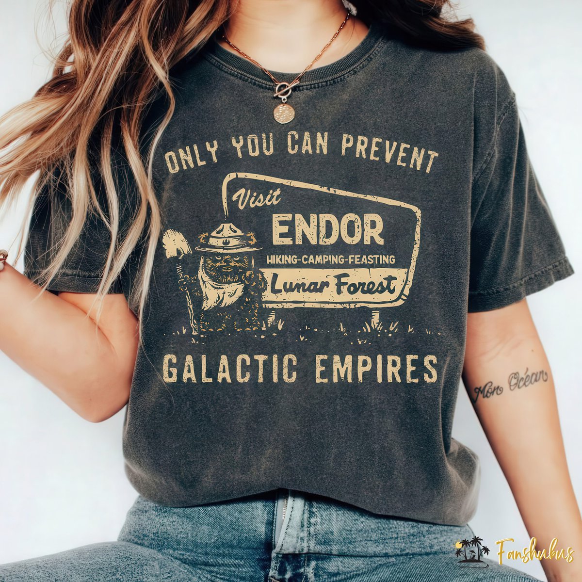 Ewok Endor National Park T-Shirt design Explore the galaxy with this Ewok Endor National Park t-shirt! Featuring a retro, nature-inspired design that highlights “Protect Our Forests,