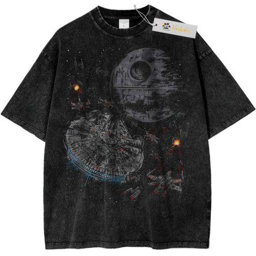 Black Star Wars vintage t-shirt featuring Death Star, Millennium Falcon, and space battle design." Let me know if you need help with any other adjustments or translations!