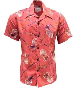 Coral Hawaiian Shirt with Retro Pineapple Bamboo – Men's Vintage Beachwear