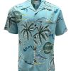 Aqua Hawaiian Shirt with Retro Scenic Palm Print – Men's Casual Summer Wear