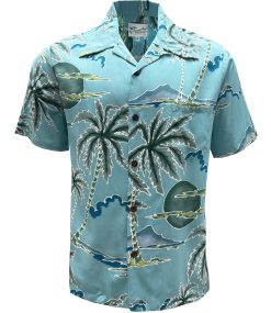 Aqua Hawaiian Shirt with Retro Scenic Palm Print – Men's Casual Summer Wear