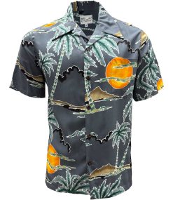 Charcoal Hawaiian Shirt with Retro Scenic Palm Print – Men's Vintage Beachwear
