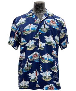 Navy Hawaiian Shirt with Lighthouse Print – Men's Beach Casual Wear