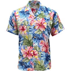 Blue Hawaiian Shirt with Painted Hibiscus Print – Men's Casual Beachwear