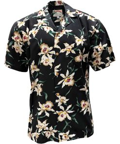 Black Hawaiian Shirt with Star Orchid Print – Men's Casual Beachwear