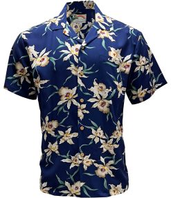 Navy Hawaiian Shirt with Star Orchid Print – Men's Summer Casual Wear