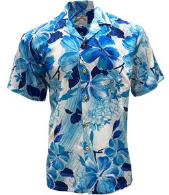 Blue Hawaiian Shirt with Watercolor Hibiscus Print – Men's Summer Casual Wear