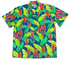 Royal Blue Hawaiian Shirt with Hanging Heliconia – Men's Tropical Casual Wear