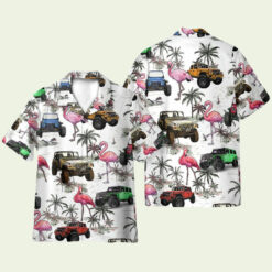 Jeep Cars and Flamingo Hawaiian Shirt for Men - Muscle Car Lover Design & Tropical Summer Style