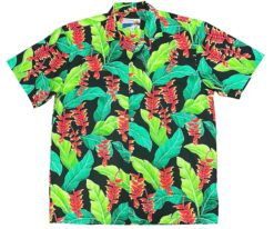 Men's Hawaiian Shirt - Hanging Heliconia Black Print Polyester Casual Summer Shirt