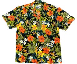 Men's Hawaiian Shirt - Tropical Garden Black Print Polyester Casual Summer Shirt